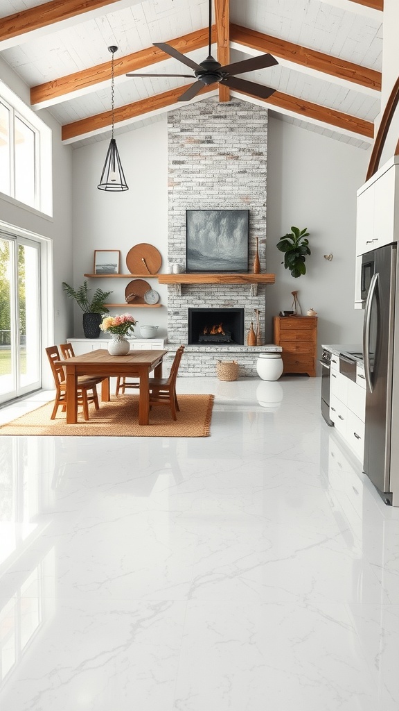 Chic farmhouse living room with glossy white epoxy flooring and wooden beam ceiling.