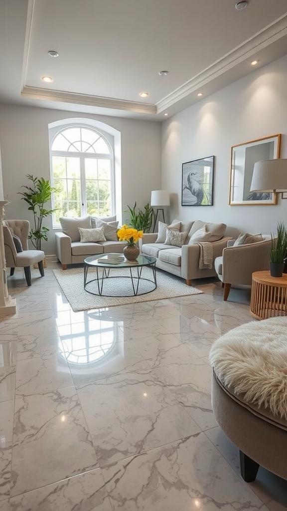 A cozy room with geometric epoxy flooring featuring orange, green, and white colors, complemented by stylish furniture and plants.