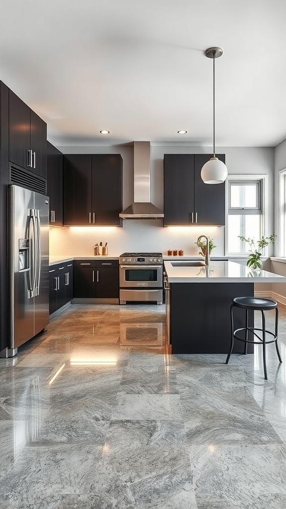 A modern kitchen with dark cabinets and polished epoxy flooring.