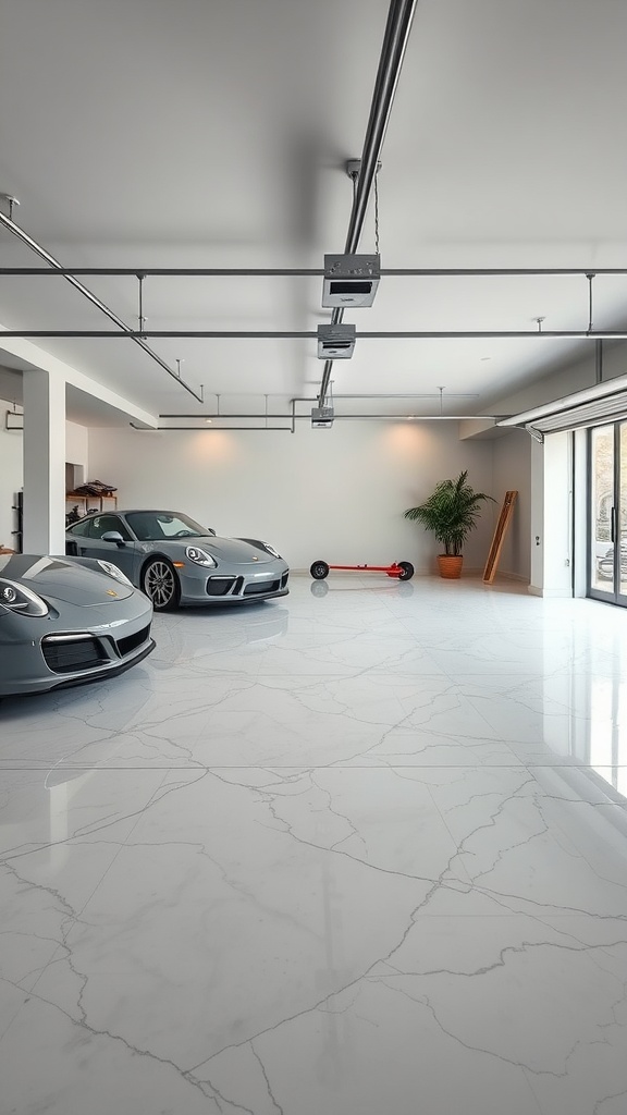 A modern garage featuring chic marble epoxy flooring with two cars and a clean, organized look.