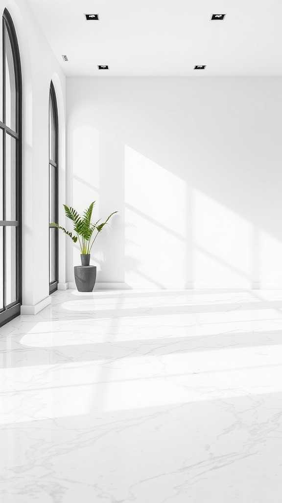 Bright, minimalist room with marble-patterned epoxy floor and large windows