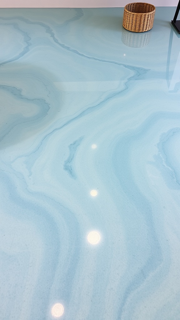 Interior of a modern home featuring epoxy flooring with ocean wave designs