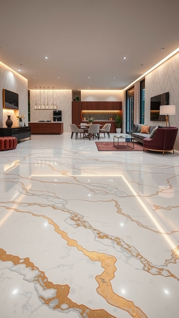 A chic living space featuring marble epoxy flooring with intricate patterns and warm tones.