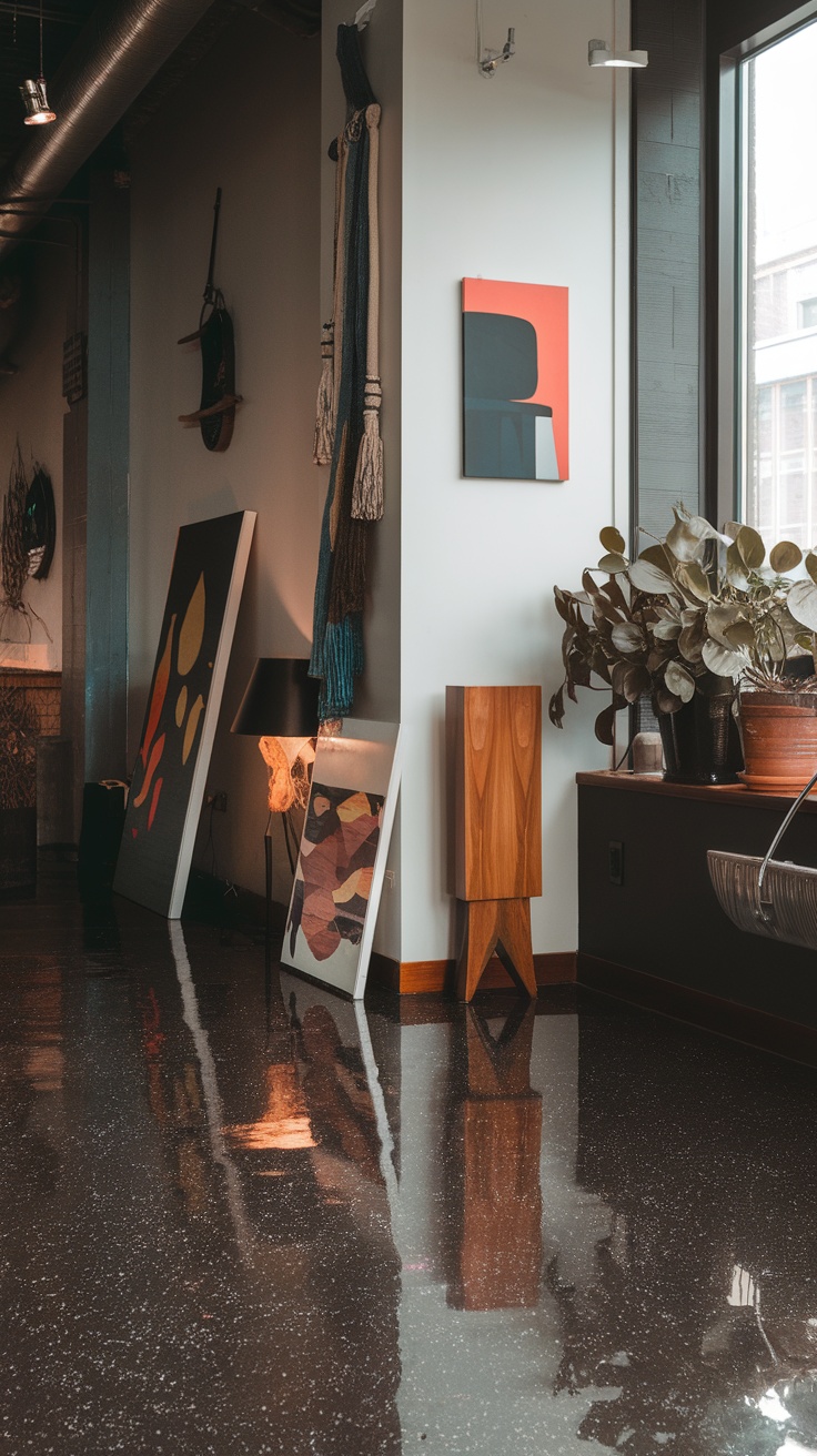 Chic urban loft design featuring epoxy flake floors and modern decor