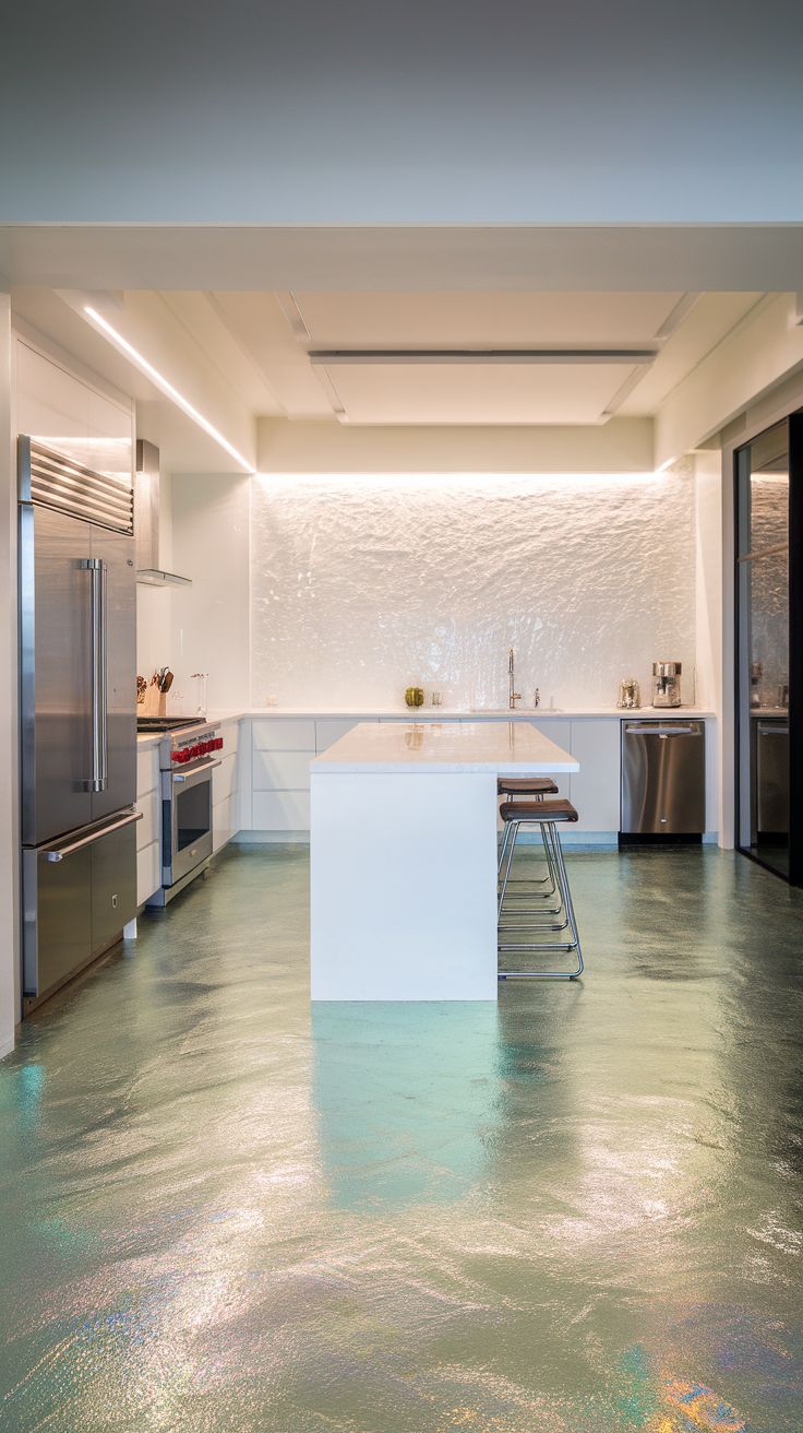 Modern kitchen with a chic white metallic epoxy floor featuring iridescent undertones.