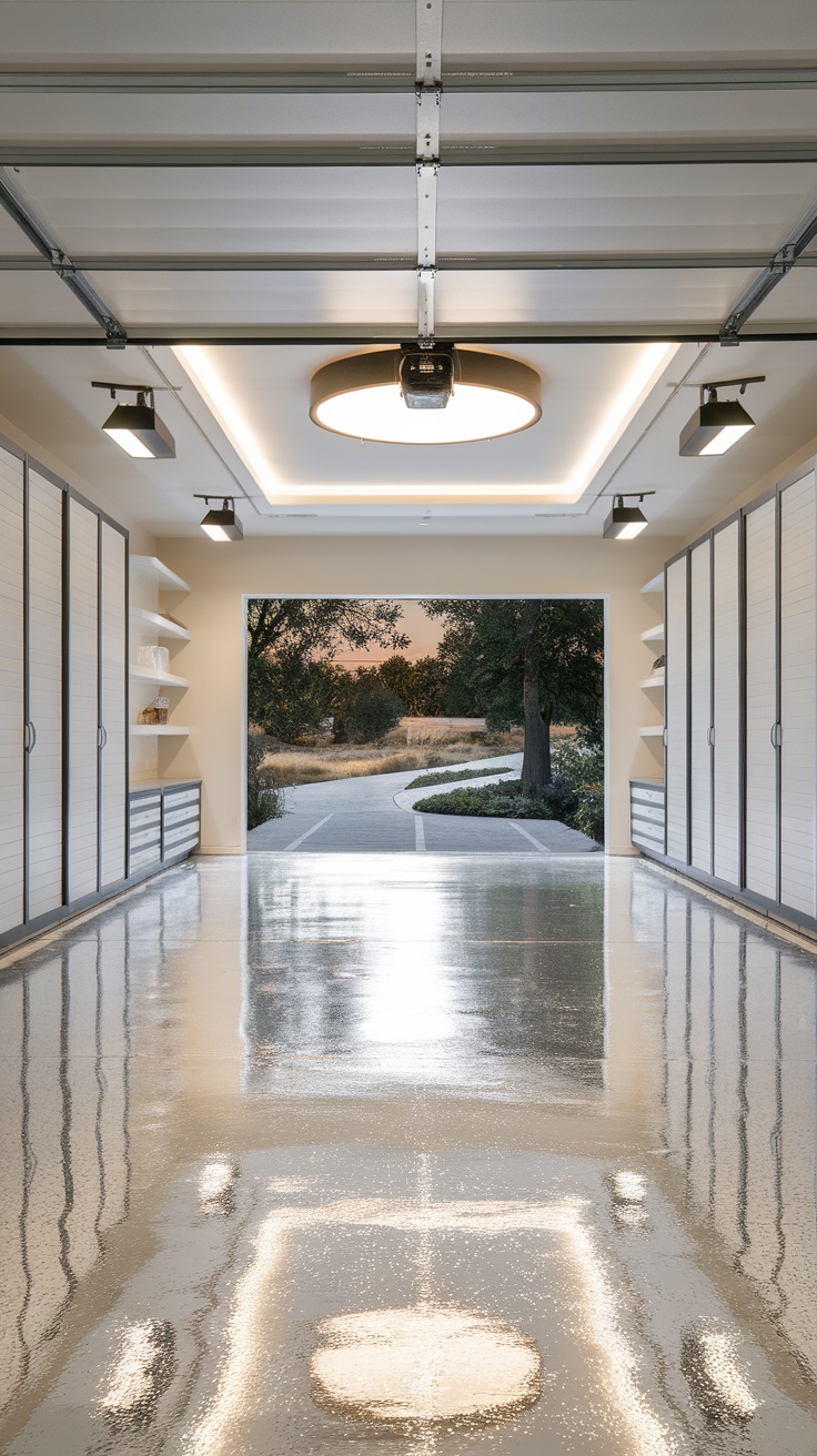 A stylish garage with a shiny white epoxy floor adorned with metallic flakes, featuring organized shelving and a view of nature outside.