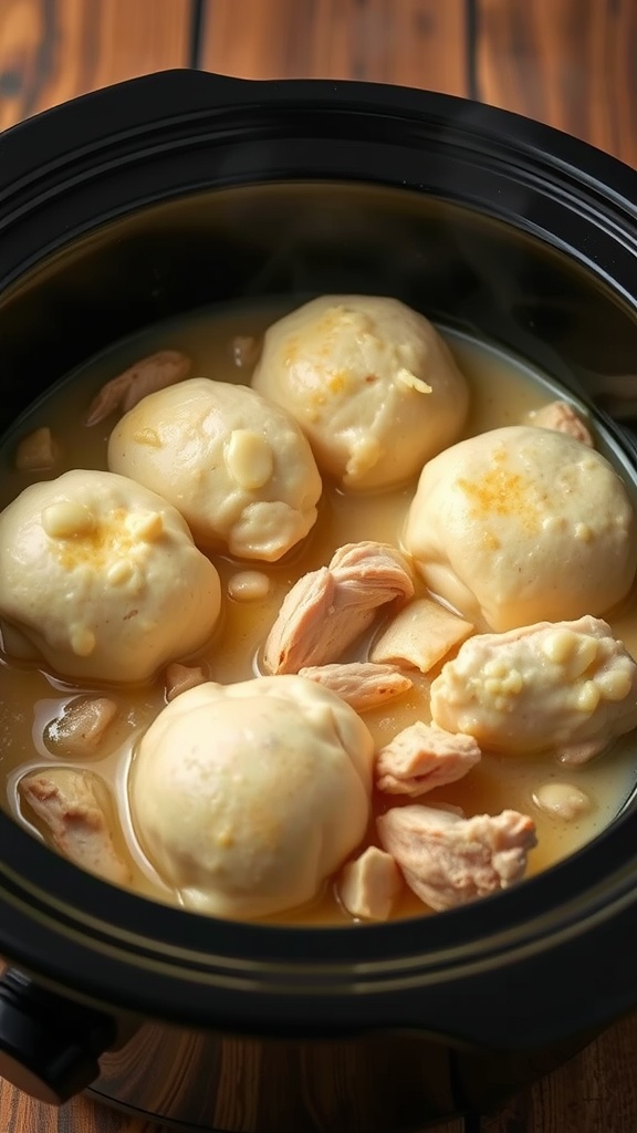 A bowl of chicken and dumplings made in the crockpot, featuring fluffy dumplings and shredded chicken in rich broth.