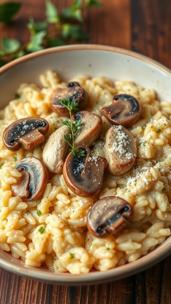 A bowl of creamy Chicken and Mushroom Risotto garnished with sliced mushrooms and parsley.