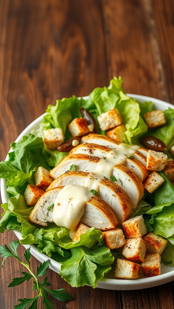 A delicious Chicken Caesar Salad with grilled chicken, croutons, and creamy dressing on a bed of lettuce.