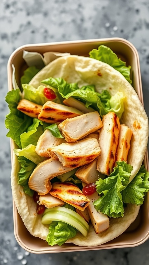 A delicious Chicken Caesar Wrap filled with grilled chicken, lettuce, and dressing.