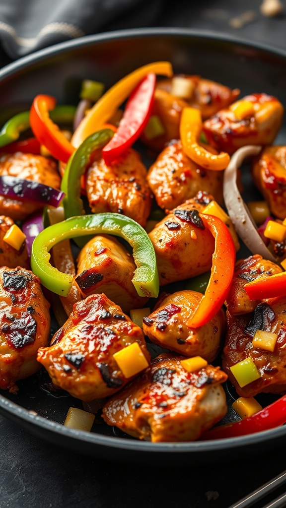 Colorful chicken fajitas with bell peppers and onions