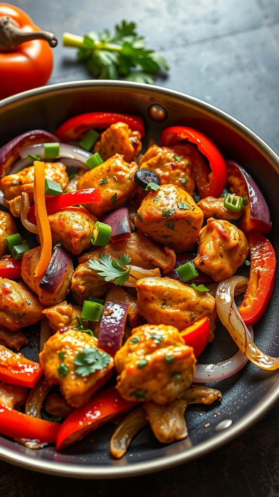 Plate of chicken fajitas with colorful peppers and onions