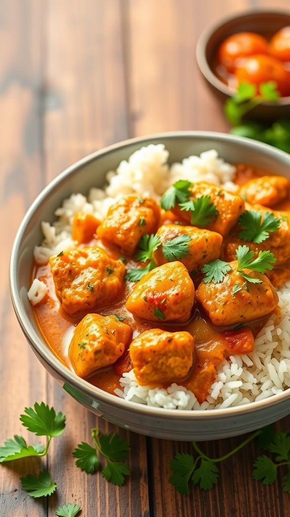 A bowl of Chicken Tikka Masala served over rice with cilantro garnish.