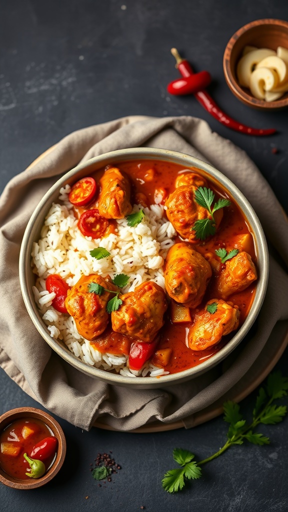 A bowl of Chicken Tikka Masala served with rice and garnished with cilantro