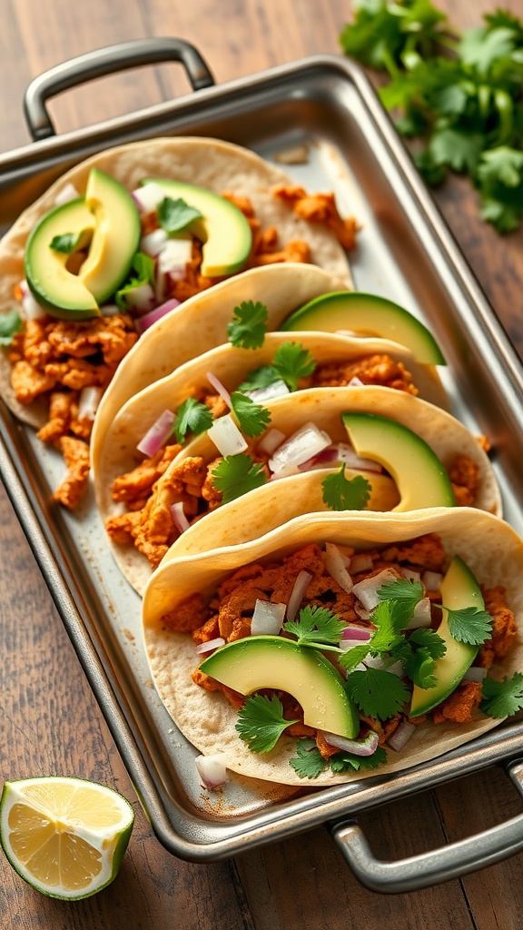 Chicken Tinga Tacos with avocado and cilantro in corn tortillas