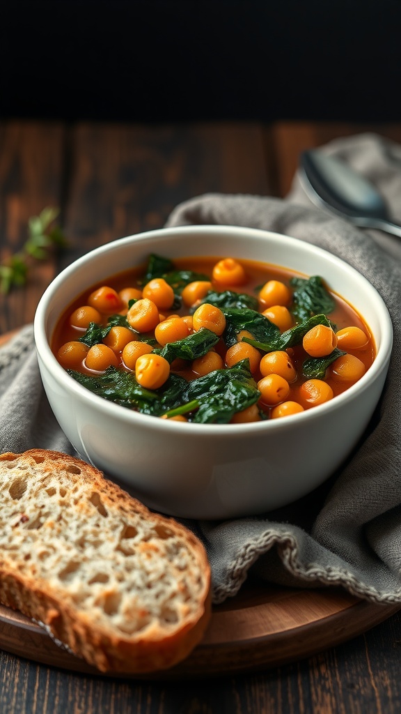 A comforting bowl of chickpea and spinach stew with crusty bread on the side.
