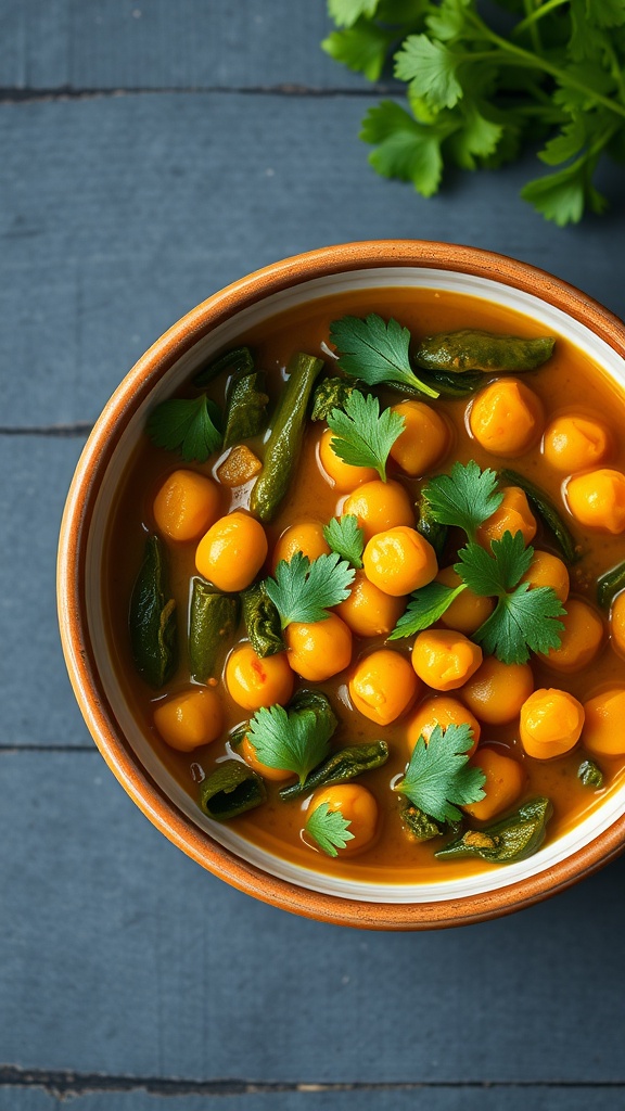 A bowl of Chickpea Curry with Spinach garnished with fresh cilantro.