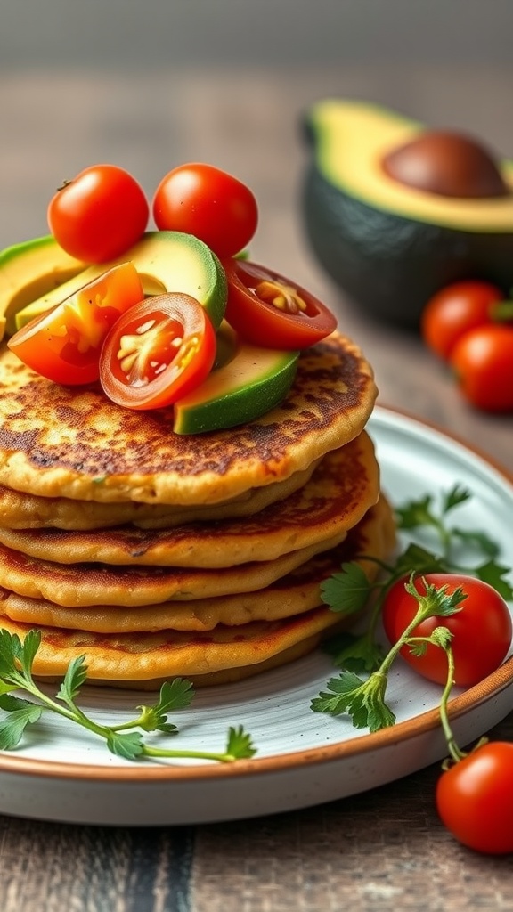 Chickpea flour pancakes stacked with fresh vegetables on top
