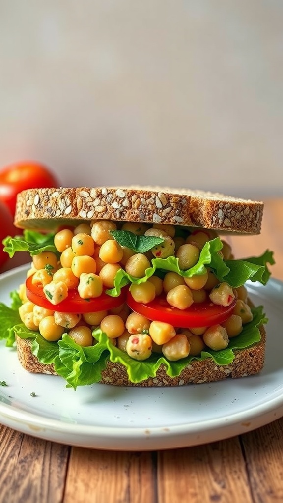Chickpea salad sandwich with lettuce and tomato on whole grain bread
