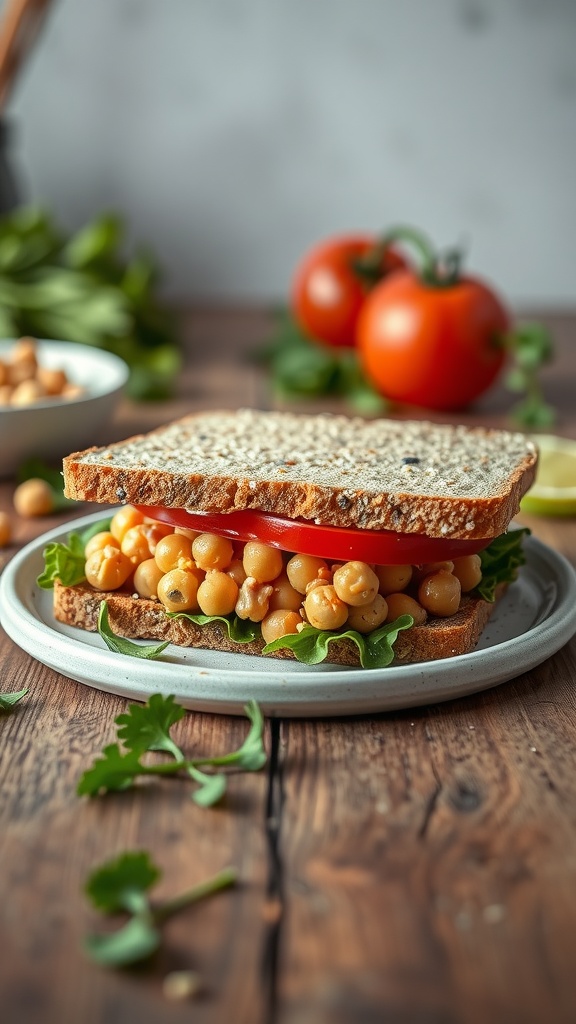 A delicious chickpea salad sandwich with fresh vegetables