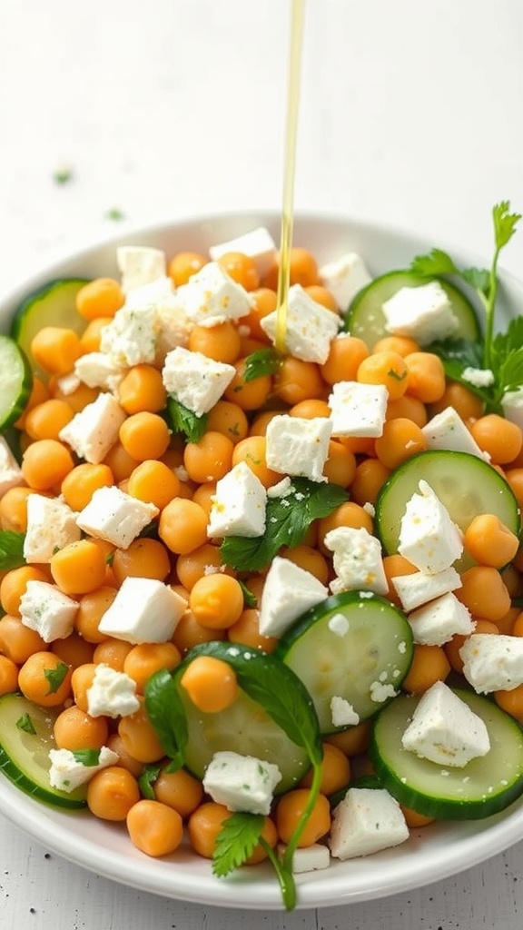 Chickpea salad with feta cheese and cucumbers