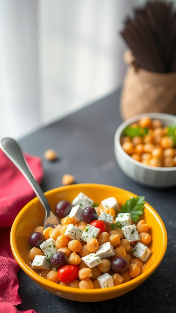 Chickpea salad with feta, olives, cherry tomatoes, and parsley in a yellow bowl.