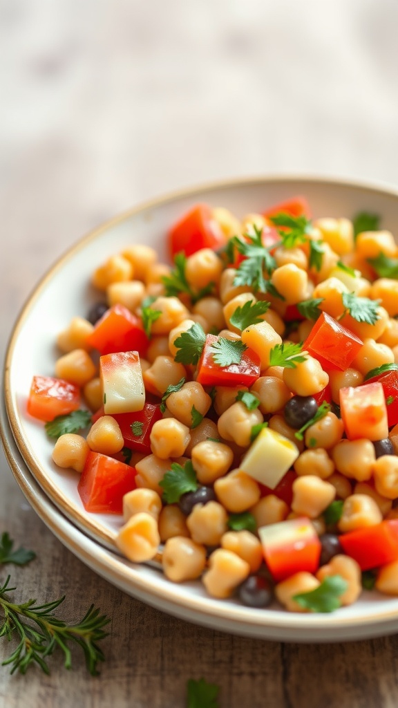A colorful chickpea salad with tomatoes, cucumbers, and parsley.