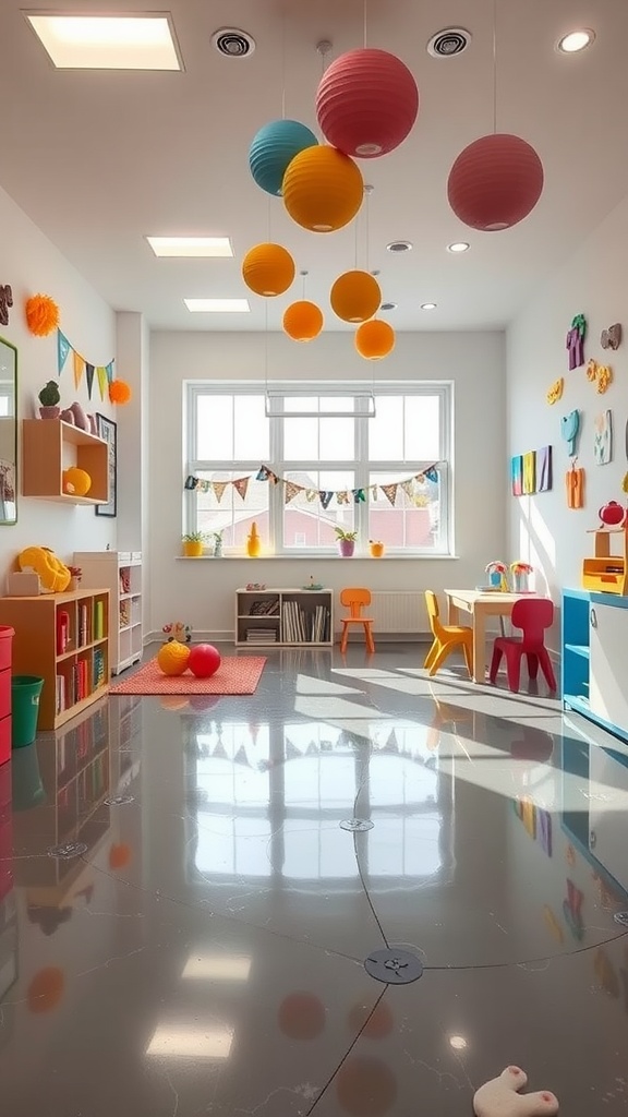 A colorful children's playroom featuring bright epoxy floors and playful decor.