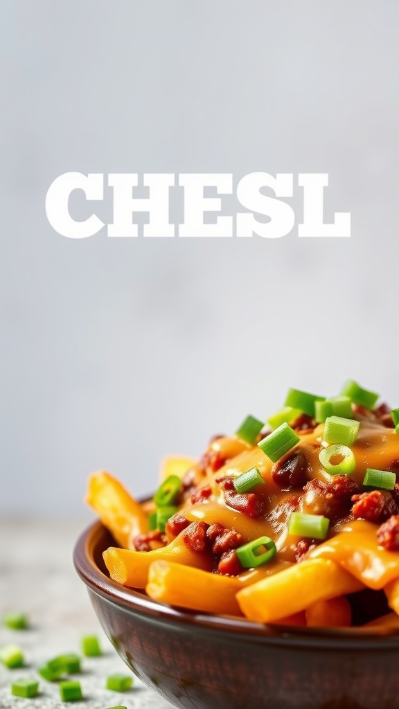 Delicious plate of chili cheese fries topped with green onions.