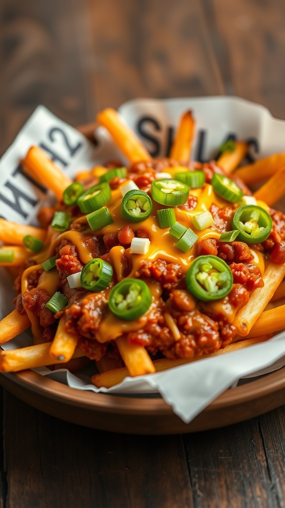 A plate of chili cheese fries topped with green onions and jalapeños
