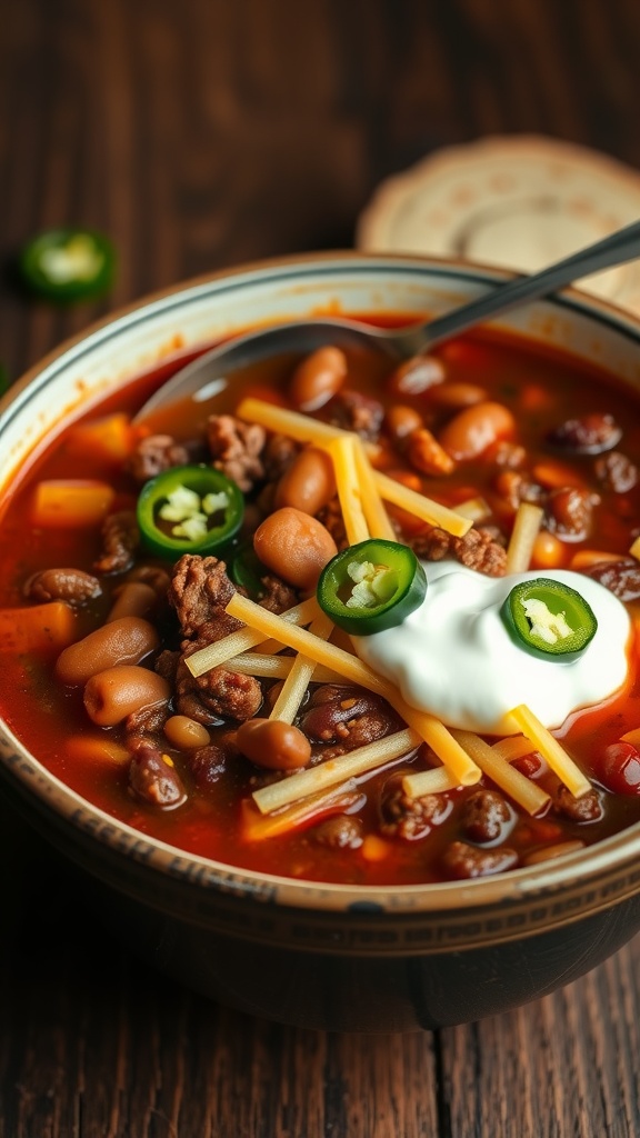 A bowl of chili con carne soup topped with cheese, sour cream, and jalapeños.