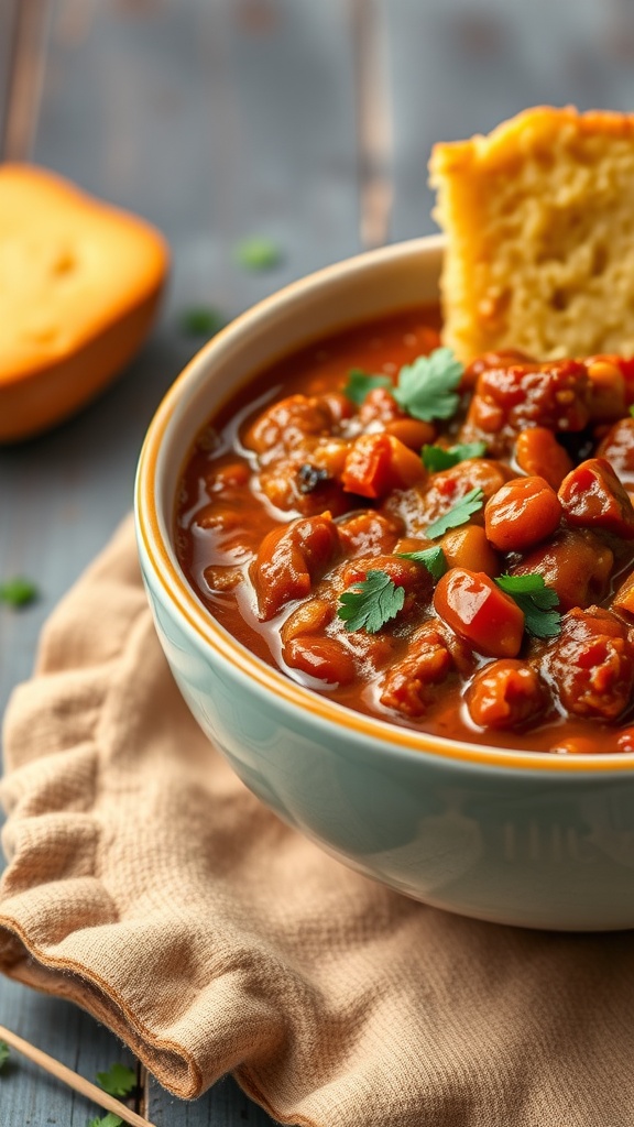 A delicious bowl of chili con carne garnished with cilantro, served with a piece of cornbread on the side.