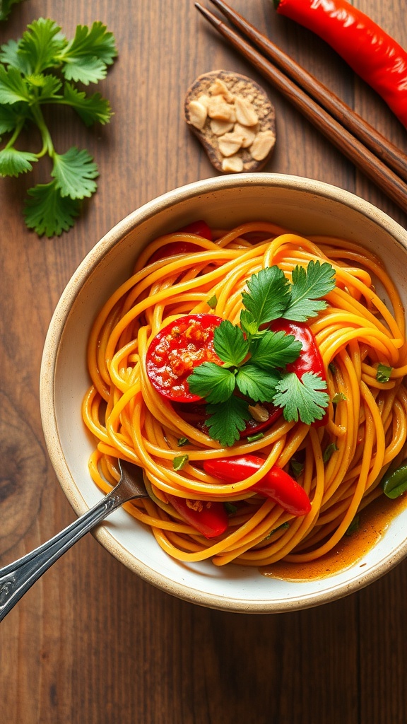 A bowl of chili garlic noodles garnished with coriander and red chilies.