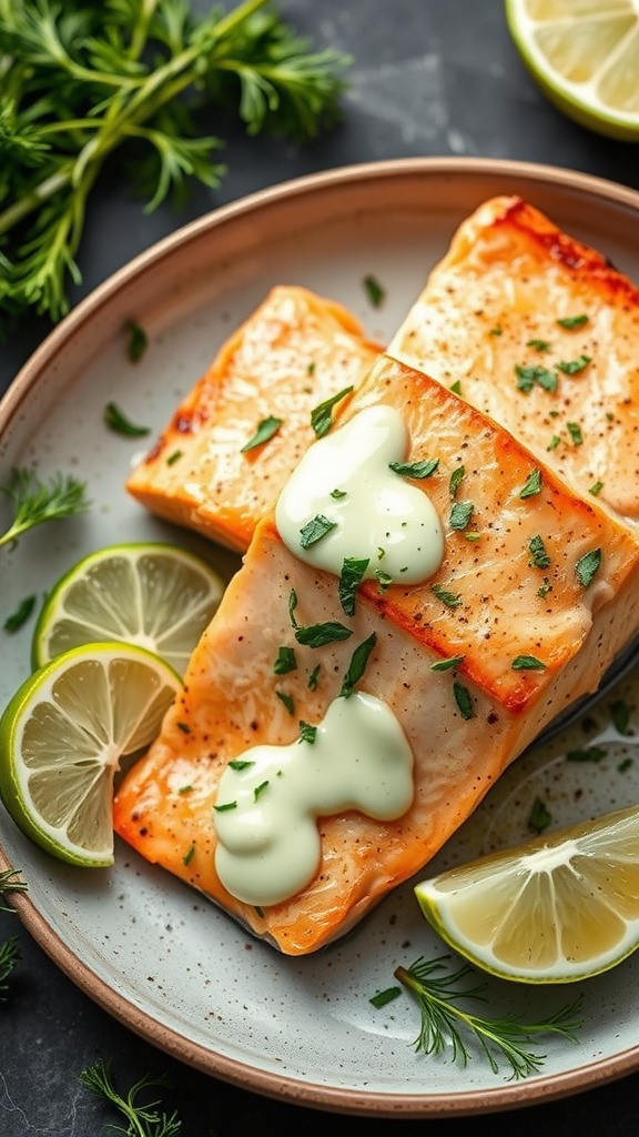 Plated Chili Lime Baked Salmon with Dill Sauce garnished with lime slices and herbs.