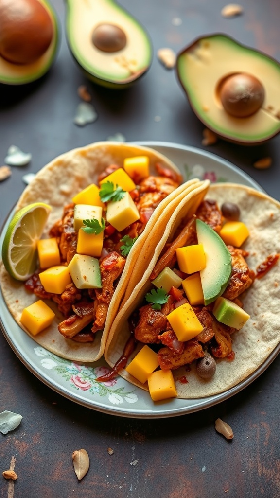 Chili lime chicken tacos with avocado and mango toppings