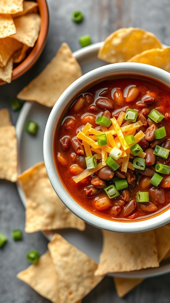 A bowl of chili with beans topped with cheese and green onions, accompanied by tortilla chips.
