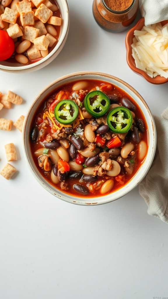 A bowl of chili with beans and ground turkey, garnished with jalapenos and cheese, surrounded by toppings and ingredients.