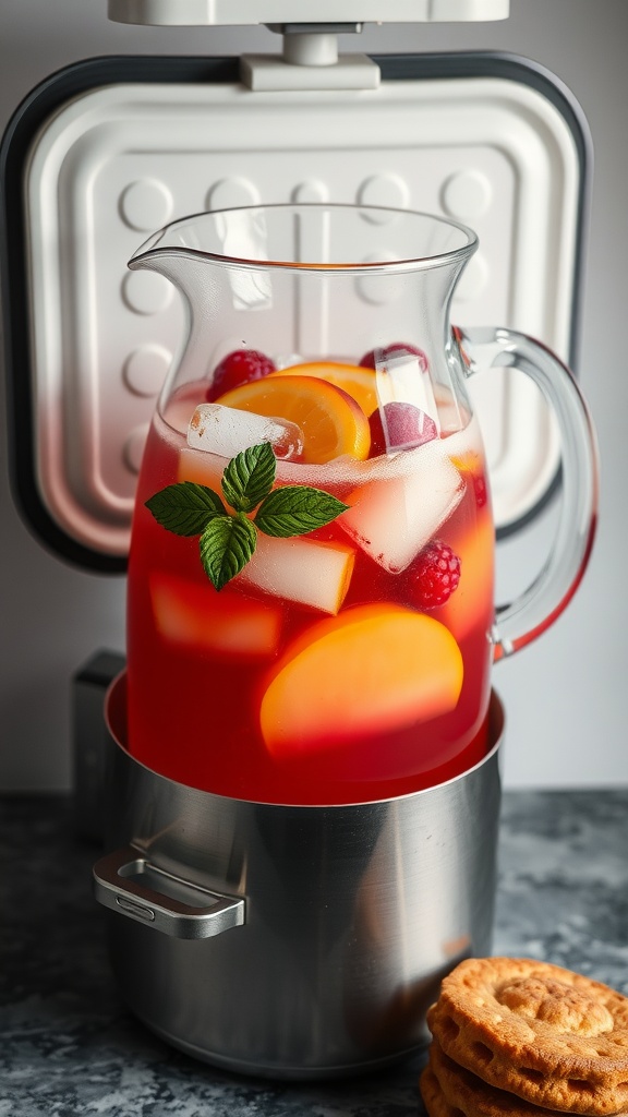 A pitcher of homemade raspberry peach lemonade with ice and mint, served in a chilled container