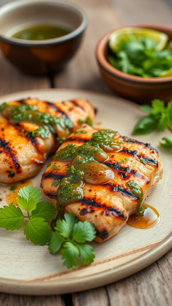 Grilled chicken topped with chimichurri sauce and garnished with fresh herbs.