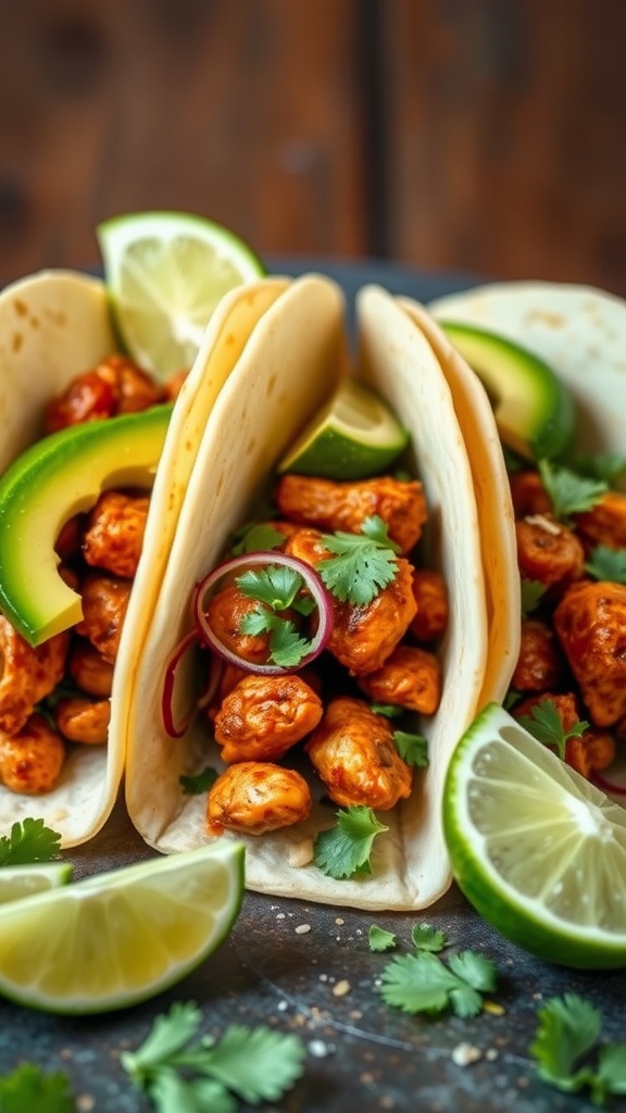 Delicious chipotle chicken tacos with avocado and lime.