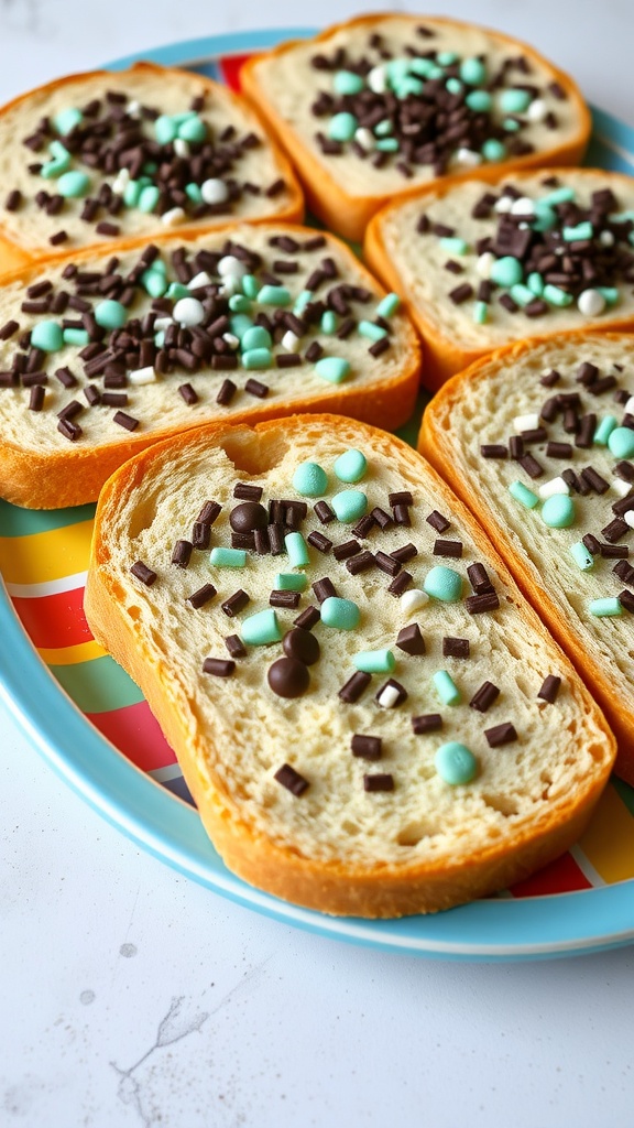 A colorful plate of Choco-Mint Fairy Bread slices topped with chocolate sprinkles and mint candies.