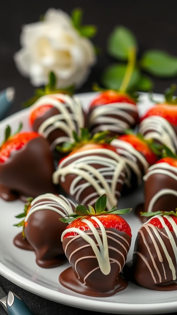 A plate of chocolate-covered strawberries elegantly decorated with white chocolate drizzle.