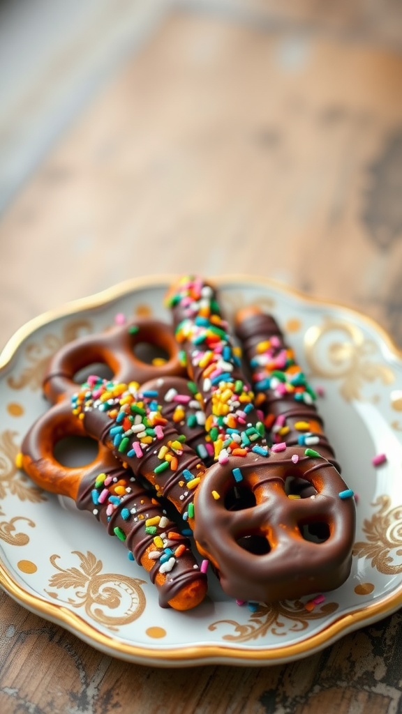 Chocolate-dipped pretzels decorated with colorful sprinkles on a decorative plate.