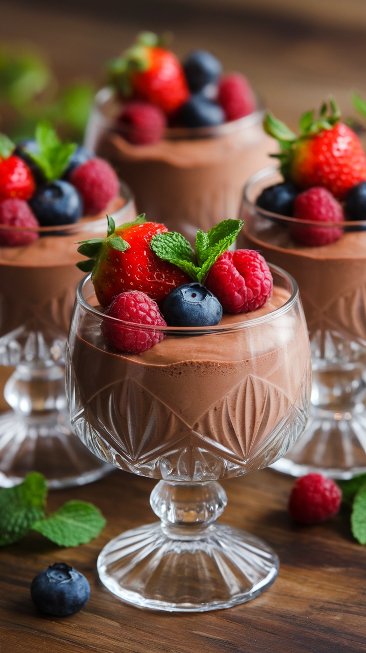 Delicious chocolate avocado mousse served in elegant glasses topped with fresh berries and mint.