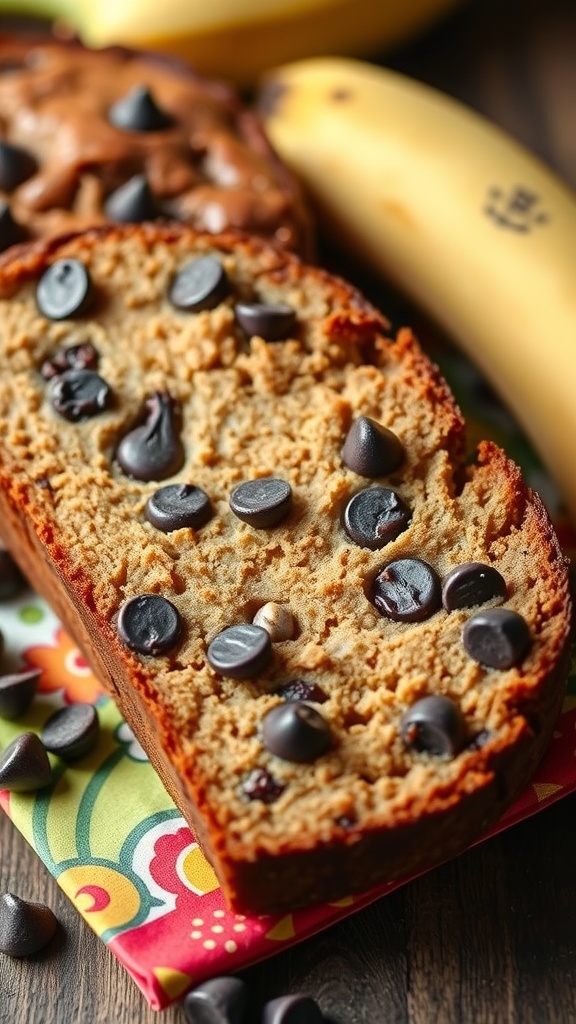 A slice of chocolate chip banana bread with chocolate chips scattered around.