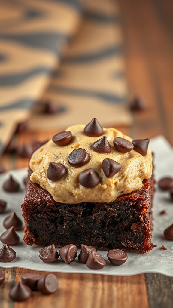 Delicious Chocolate Chip Cookie Brownies topped with cookie dough frosting and chocolate chips.