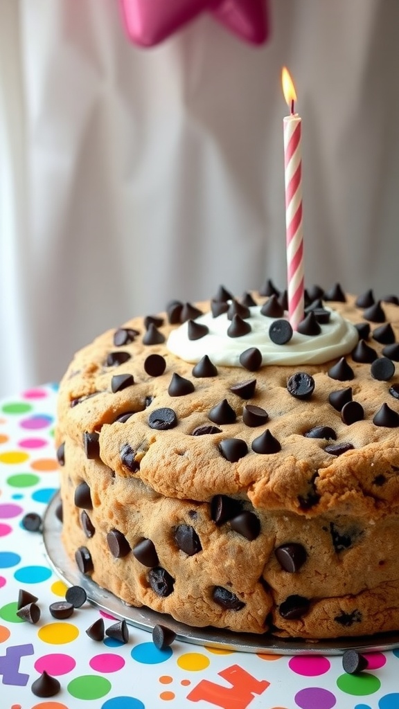 A chocolate chip cookie cake topped with chocolate chips and a candle.