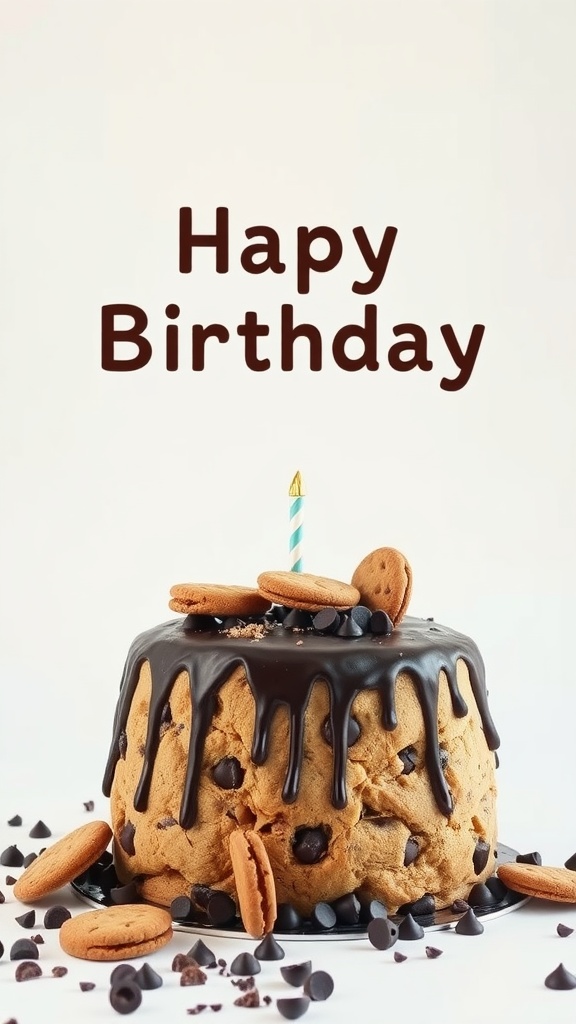A beautifully decorated chocolate chip cookie cake with a birthday candle