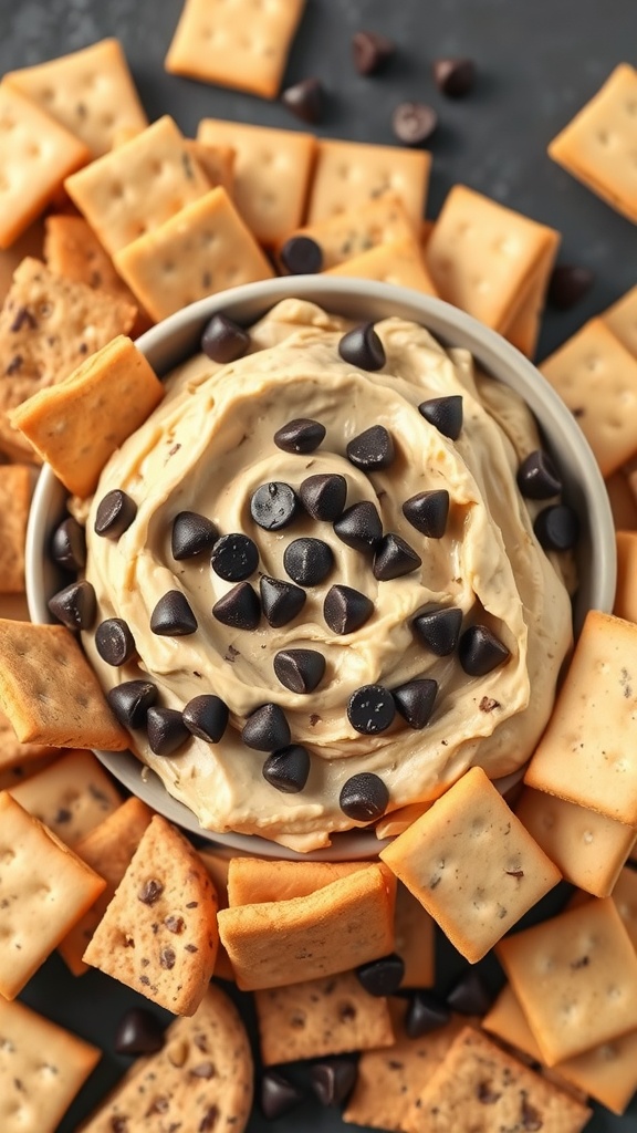 A bowl of chocolate chip cookie dough dip surrounded by crackers