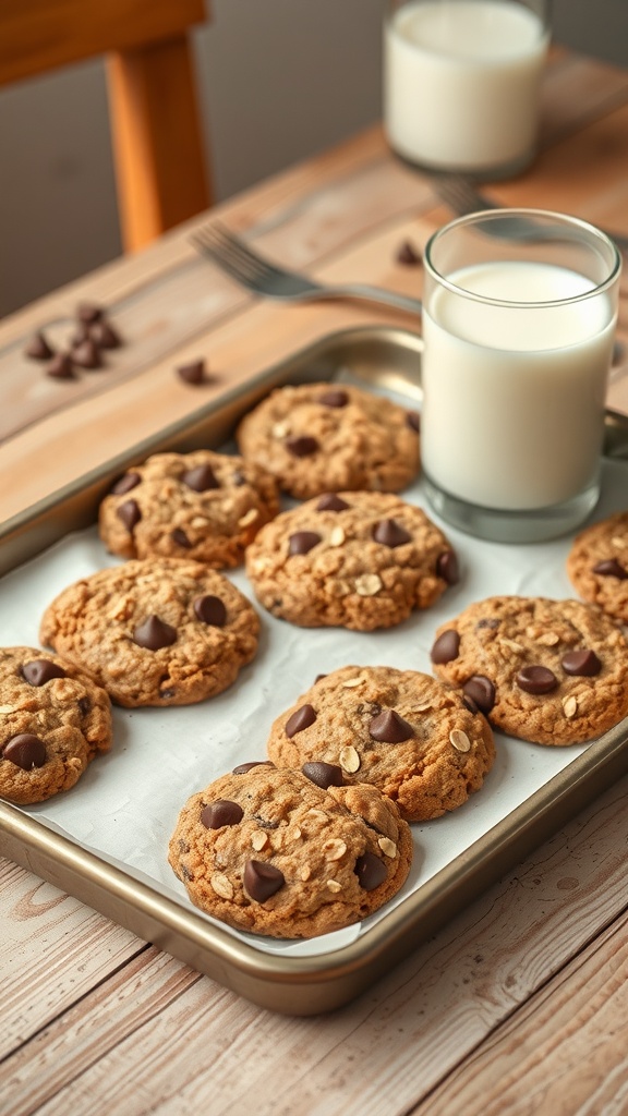 Tray of chocolate chip oatmeal cookies with a glass of milk